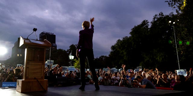 Democratic presidential candidate U.S. Sen. Elizabeth Warren takes the stage before addressing supporters at a rally, Monday, Sept. 16, 2019, in New York. (AP Photo/Craig Ruttle)
