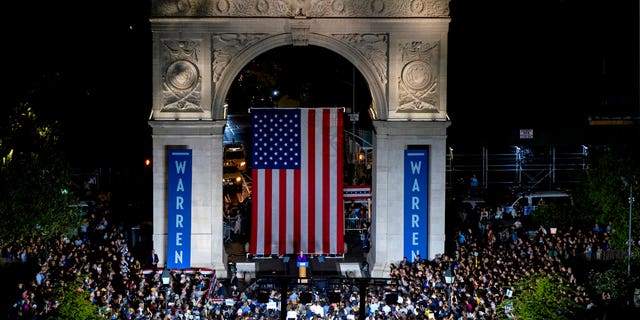 Democratic presidential candidate U.S. Sen. Elizabeth Warren addresses supporters at a rally at Washington Square Park, Monday, Sept. 16, 2019, in New York. (AP Photo/Craig Ruttle)