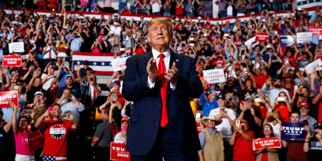 President Donald Trump arrives to speak at a campaign rally at the Santa Ana Star Center, Monday, Sept. 16, 2019, in Rio Rancho, N.M. (AP Photo/Evan Vucci)