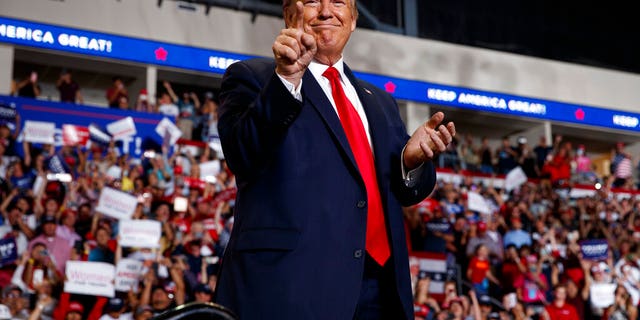 President Donald Trump arrives to speak at a campaign rally at the Santa Ana Star Center, Monday, Sept. 16, 2019, in Rio Rancho, N.M. (AP Photo/Evan Vucci)