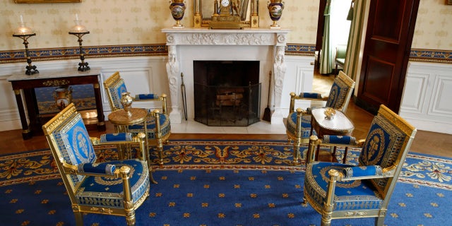 This photo shows restored furniture in the Blue Room of the White House in Washington. The project was started by former first lady Michelle Obama.