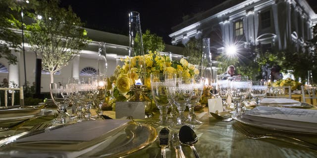 A table is set during a media preview for the State Dinner with President Trump and Australian Prime Minister Scott Morrison in the Rose Garden on Thursday. (AP Photo/Alex Brandon)