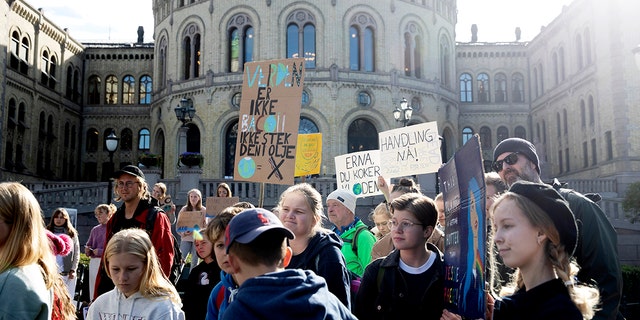 Climate protesters demonstrate outside Norwegian parliament in Oslo, Friday, Sept. 20, 2019. Protesters around the world joined rallies on Friday as a day of worldwide demonstrations calling for action against climate change began ahead of a U.N. summit in New York. (Berit Roald/NTB Scanpix)