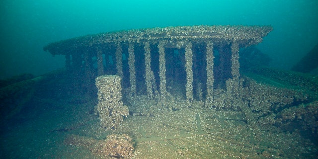 This Aug. 24, 2019, photo provided by John Janzen, shows part of the wreckage of the schooners Peshtigo and St. Andrews, lost in 1878 near Beaver Island in northern Lake Michigan.