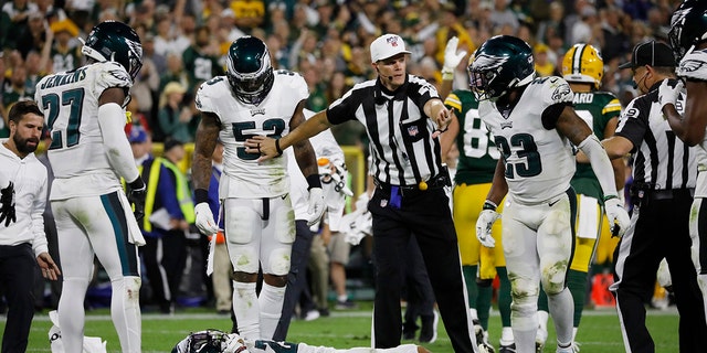 Philadelphia Eagles cornerback Avonte Maddox lies injured on the field during the second half of the team's NFL football game against the Green Bay Packers on Thursday, Sept. 26, 2019, in Green Bay, Wis. Philadelphia won 34-27. (AP Photo/Jeffrey Phelps)
