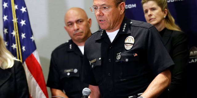 FILE: Los Angeles Police Department Chief Michel Moore speaking at a news conference at LAPD headquarters.