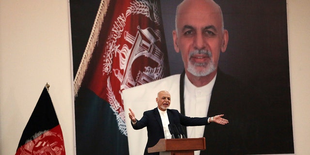 Afghan President Ashraf Ghani speaks during a ceremony to introduce the new chief of the intelligence service, in Kabul, Afghanistan.
