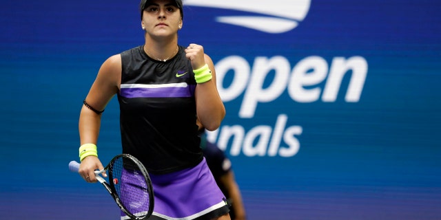 Bianca Andreescu, of Canada, reacts after scoring a point against Serena Williams, of the United States, during the women's singles final of the U.S. Open tennis championships Saturday, Sept. 7, 2019, in New York. (AP Photo/Adam Hunger)