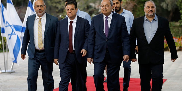 Members of the Joint List, from left to right, Osama Saadi, Ayman Odeh, Ahmad Tibi and Mansour Abbas in Jerusalem on Sunday. 