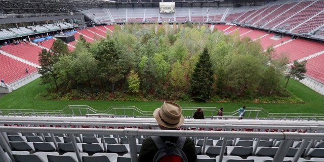 Visitors looks at the temporary art intervention by Swiss artist Klaus Littmann, FOR FOREST -The Unending Attraction of Nature, in the Woerthersee Stadium in Klagenfurt, Austria, Sunday, Sept. 8, 2019.