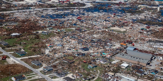 An aerial view of floods and damages from Hurricane Dorian on Freeport, Grand Bahama on September 5, 2019.
