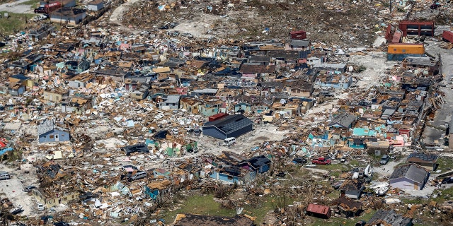 An aerial view of floods and damages from Hurricane Dorian in Freeport on Thursday.