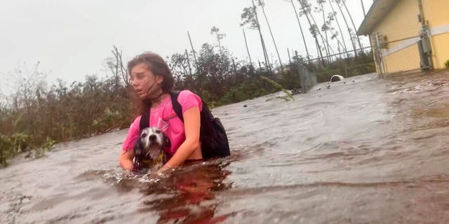 Julia Aylen wades through waist deep water carrying her pet dog as she is rescued from her flooded home during Hurricane Dorian in Freeport, Bahamas, Tuesday, Sept. 3, 2019. Practically parking over the Bahamas for a day and a half, Dorian pounded away at the islands Tuesday in a watery onslaught that devastated thousands of homes, trapped people in attics and crippled hospitals. Julia Aylen is the daughter of Photojournalist Tim Aylen, author of this photo. (AP Photo/Tim Aylen)