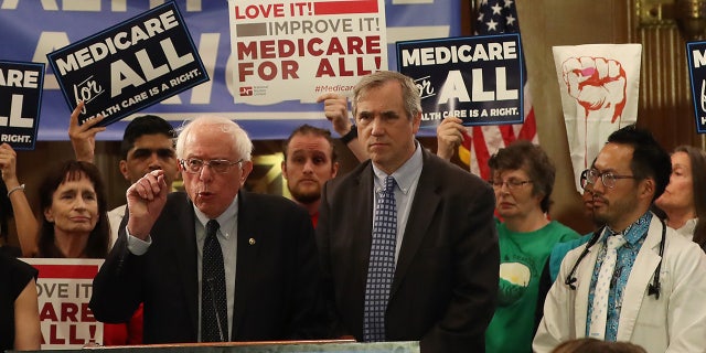 Sen. Bernie Sanders introducing health care legislation titled the "Medicare for All Act of 2019" during a news conference on April 9, 2019 in Washington, D.C. (Photo by Mark Wilson/Getty Images)
