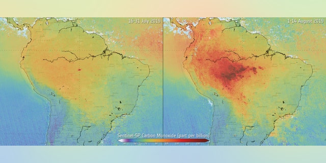 Using data from Copernicus Sentinel-5P, the image shows the difference in carbon monoxide in the air between July 2019 and August 2019 over the Amazon.