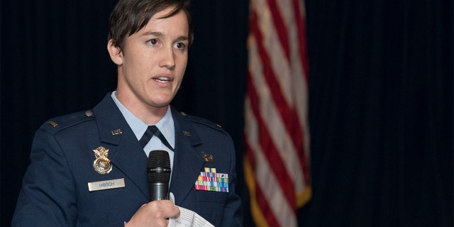 Then-2nd Lt. Chelsey Hibsch speaks during a Women’s History Month luncheon at Yokota Air Base in March 2019. (U.S. Air Force photo by Machiko Arita)