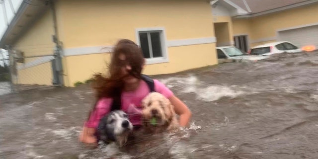 Julia Aylen wades through waist deep water carrying her pet dogs as she is rescued from her flooded home during Hurricane Dorian in Freeport, Bahamas, Tuesday, Sept. 3, 2019.
