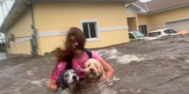 Julia Aylen wades through waist deep water carrying her pet dogs as she is rescued from her flooded home during Hurricane Dorian in Freeport, Bahamas, Tuesday, Sept. 3, 2019.