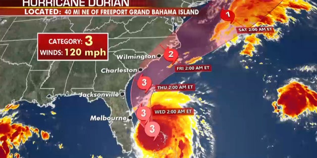 Hurricane Dorian downgraded to Category 3 storm, continues its assault on the Bahamas 2 The forecast track of Hurricane Dorian.