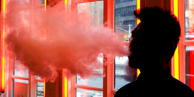 FILE - In this Feb. 20, 2014, file photo, a patron exhales vapor from an e-cigarette at a store in New York. (AP Photo/Frank Franklin II, File)
