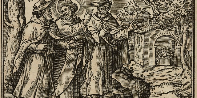 The disciples of Emmaus, Gospel of Luke, engraving from Evangelia Arabice et Latine (Gospels in Arabic and Latin), Tipografia Medicea, Rome, 1591. (Photo by Icas94 / De Agostini Picture Library via Getty Images)