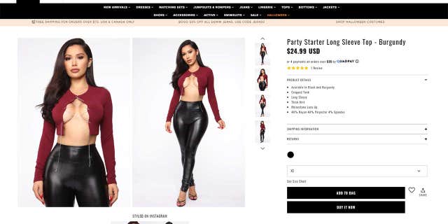 The "Party Starter Long Sleeve Top," which sells for $24.99, is described as a cropped tank with a rhinestone lace-up.