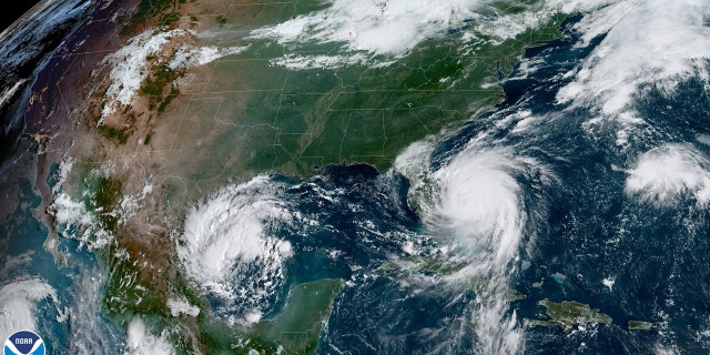 This image, taken on Tuesday, Sept. 3, 2019, shows a tropical depression in the Gulf of Mexico off northeast Mexico as Hurricane Dorian can be seen spinning just off the coast of Florida.