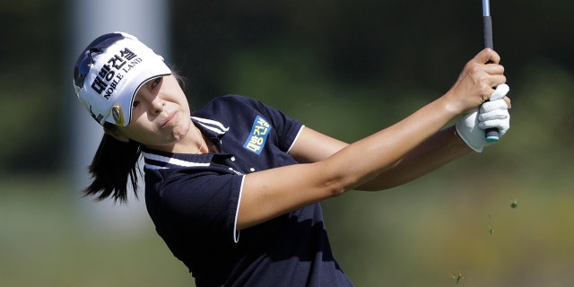 Mi Jung Hur, of South Korea, hits from the sixth fairway during the first round of the Indy Women in Tech Championship golf tournament, Thursday, Sept. 26, 2019, in Indianapolis. (AP Photo/Darron Cummings)