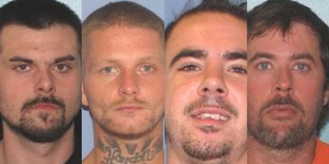 Mugshots show, left to right, Lawrence Lee, 29; Troy McDaniel, 30; Christopher Clemente, 24; and Brynn Martin, 40. The four inmates escaped from the Gallia County Jail early Sunday after overpowering two female guards, investigators said.