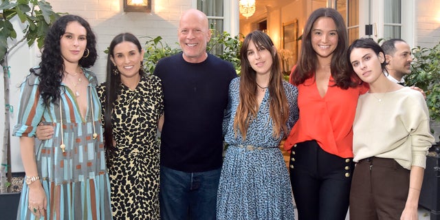 From left: Rumer Willis, Demi Moore, Bruce Willis, Scout Willis, Emma Heming Willis and Tallulah Willis attend Demi Moore's 'Inside Out' party on Monday in L.A. (Photo by Stefanie Keenan/Getty Images for goop)