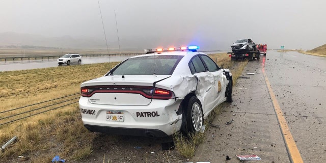 Damage to Sgt. Brian Nelson's vehicle after it was struck by a truck that hydroplaned Saturday on Interstate 15 in Box Elder County.