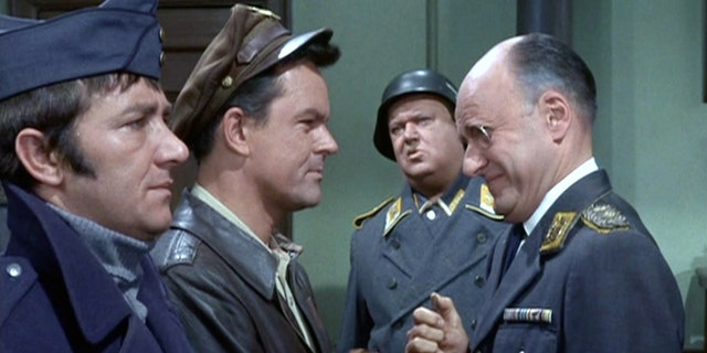 Richard Dawson as Cpl. Peter Newkirk, Bob Crane as Col. Robert E. Hogan, John Banner as Sgt. Hans Georg Schultz and Werner Klemperer as Col. Wilhelm Klink in the 'Hogan's Heroes' episode,