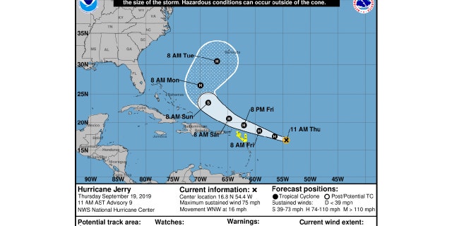Hurricane Jerry's cone and probably path as of Thursday 11a.m. EST