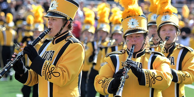 Members of the Hawkeye Marching Band play before a game between Iowa and Rutgers earlier this season. (Photo by Keith Gillett/Icon Sportswire via Getty Images)