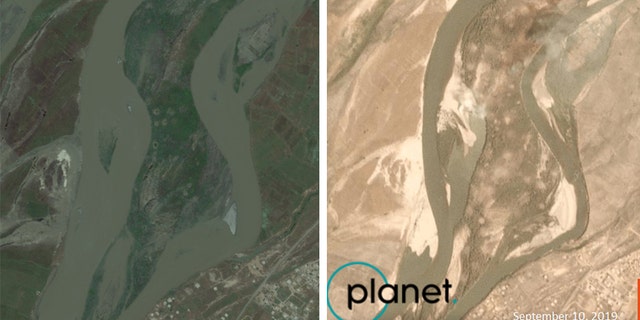 Qanus Island in Iraq as seen in May 2019 prior to the U.S. airstrike on Sept. 10, and a satellite image showing the island after the strike that day. (Satellite images courtesy of Wim Zwijnenburg and Planet Labs, Inc.)