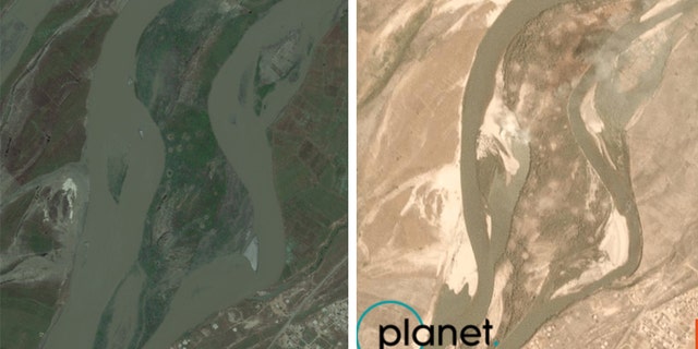 Qanus Island in Iraq as seen in May 2019 prior to the U.S. airstrike on Sept. 10, and a satellite image showing the island after the strike that day. (Satellite images courtesy of Wim Zwijnenburg and Planet Labs, Inc.)