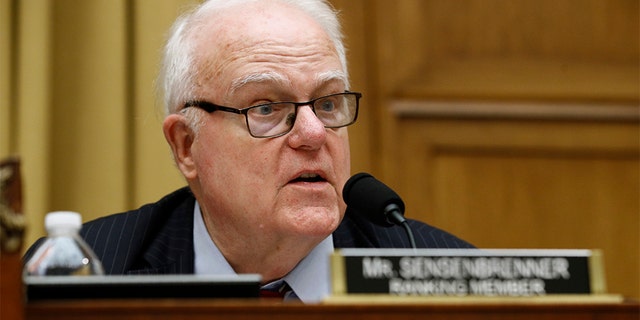 Rep. Jim Sensenbrenner, R-Wisc., ranking member of the House Judiciary antitrust subcommittee, speaks during a House Judiciary subcommittee hearing with representatives from major tech companies in Washington. (AP Photo/Patrick Semansky)