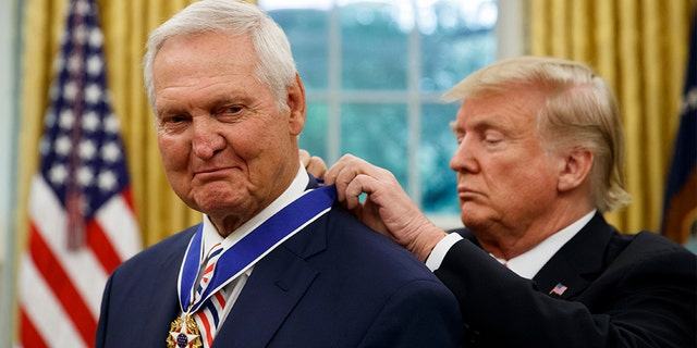 Former NBA basketball player and general manager Jerry West received the Presidential Medal of Freedom in the Oval Office on Thursday. (AP Photo/Alex Brandon)