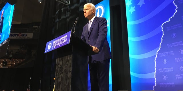 Former Vice President Joe Biden addresses the audience at the New Hampshire Democratic Party's annual convention, in Manchester, NH on Saturday Sept. 7, 2019