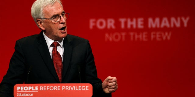 British Labour MP John McDonnell speaks during the party's annual conference in Brighton on Monday. (REUTERS/Peter Nicholls)