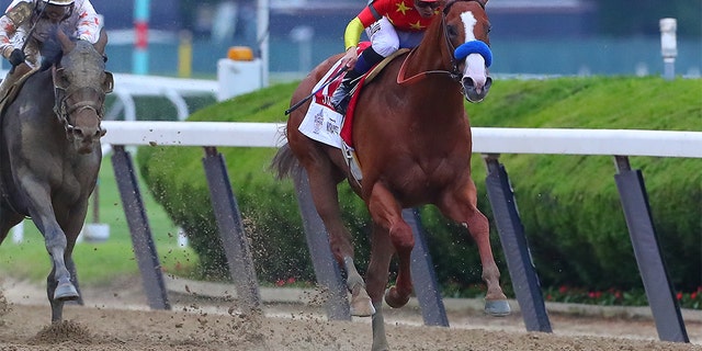 Jockey Mike Smith rides Justify in the home stretch to win the Belmont Stakes and Triple Crown on June 9, 2018 at Belmont Park in Hempstead, NY. (Getty Images)