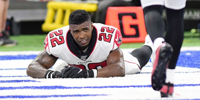 Atlanta Falcons safety Keanu Neal (22) was injured in the second half in the final zone against the Indianapolis Colts at Lucas Oil Stadium.