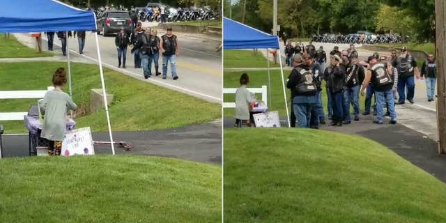 In Chili, Ind., a large group of bikers visited an 8-year-old girl’s lemonade stand as part of a surprise they organized for the girl and her mom.