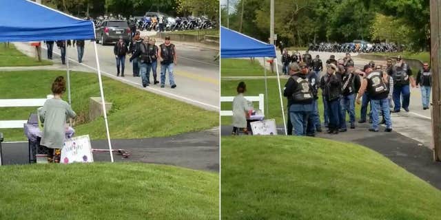 In Chili, Ind., a large group of bikers visited an 8-year-old girl’s lemonade stand as part of a surprise they organized for the girl and her mom.