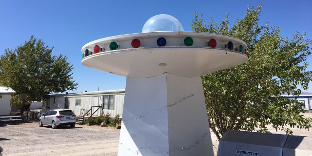 A prop of a spaceship that was used in the "Mars Attacks" movie on the property of the Little A'Le'Inn in Rachel, Nev.