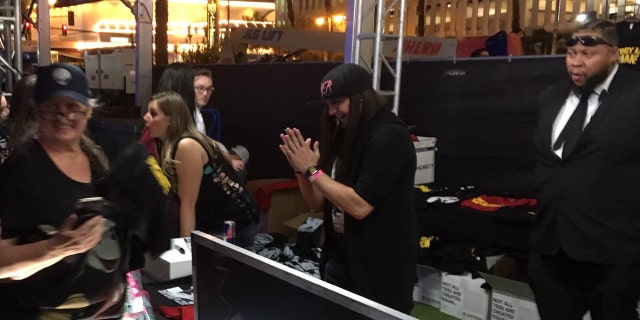 Matty Roberts reacts after interacting while singing autographs Thursday night in Las Vegas.