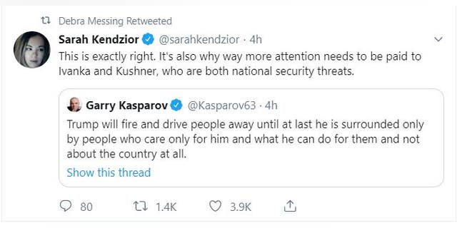 Actress Debra Messing retweets someone describing Ivanka Trump and Jared Kushner as "national security threats." @DebraMessing/Twitter