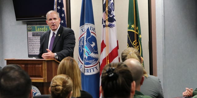 Acting Customs and Border Protection Commissioner Mark Morgan speaks to agents in Laredo, Texas. (Adam Shaw/Fox News)