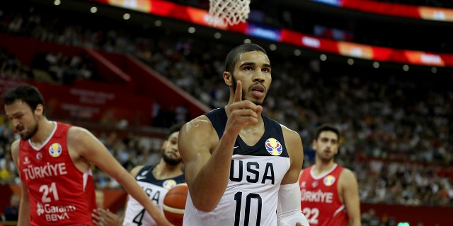 United States' Jayson Tatum reacts after scoring against Turkey for the FIBA Basketball World Cup at the Shanghai Oriental Sports Center in Shanghai on Tuesday, Sept. 3, 2019. The United States beat Turkey 93:92.(AP Photo/Ng Han Guan)