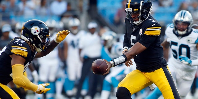 Pittsburgh Steelers quarterback Joshua Dobbs (5) hands off to running back Benny Snell (24) during the first half of an NFL preseason football game against the Carolina Panthers in Charlotte, N.C., Thursday, Aug. 29, 2019. (AP Photo/Brian Blanco)